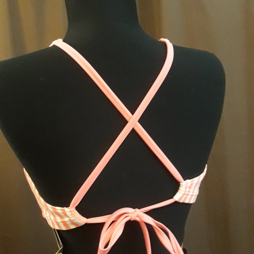 Coco Rave flamingo pink White Retro striped halter bikini top Open Back NEW XL - Picture 4 of 5